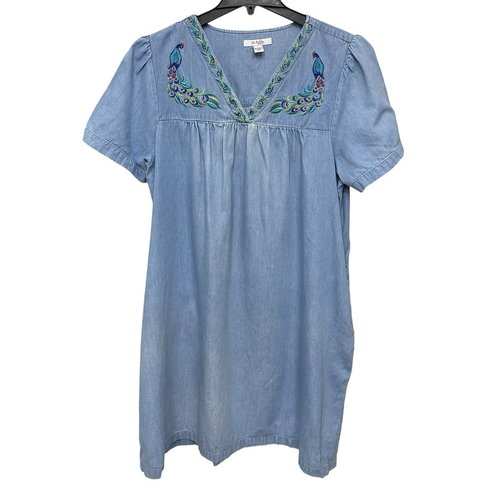 Go Softly Embroidered Peacock Blue Patio Dress Size Lage Muumuu Caftan Pockets
